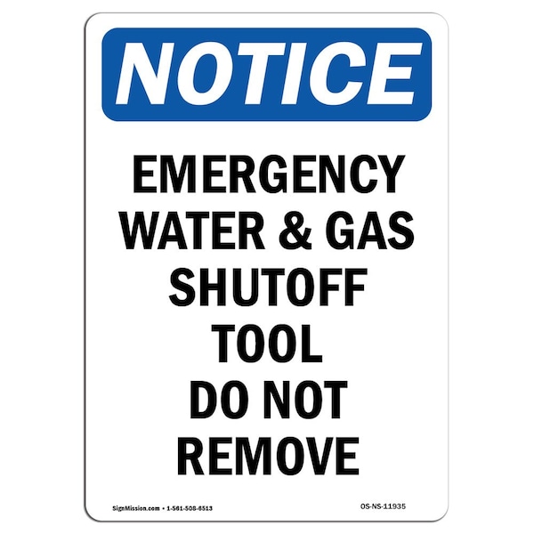 Safety Sign, OSHA Notice, 24" Height, Emergency Water And Gas Shutoff Sign, Portrait